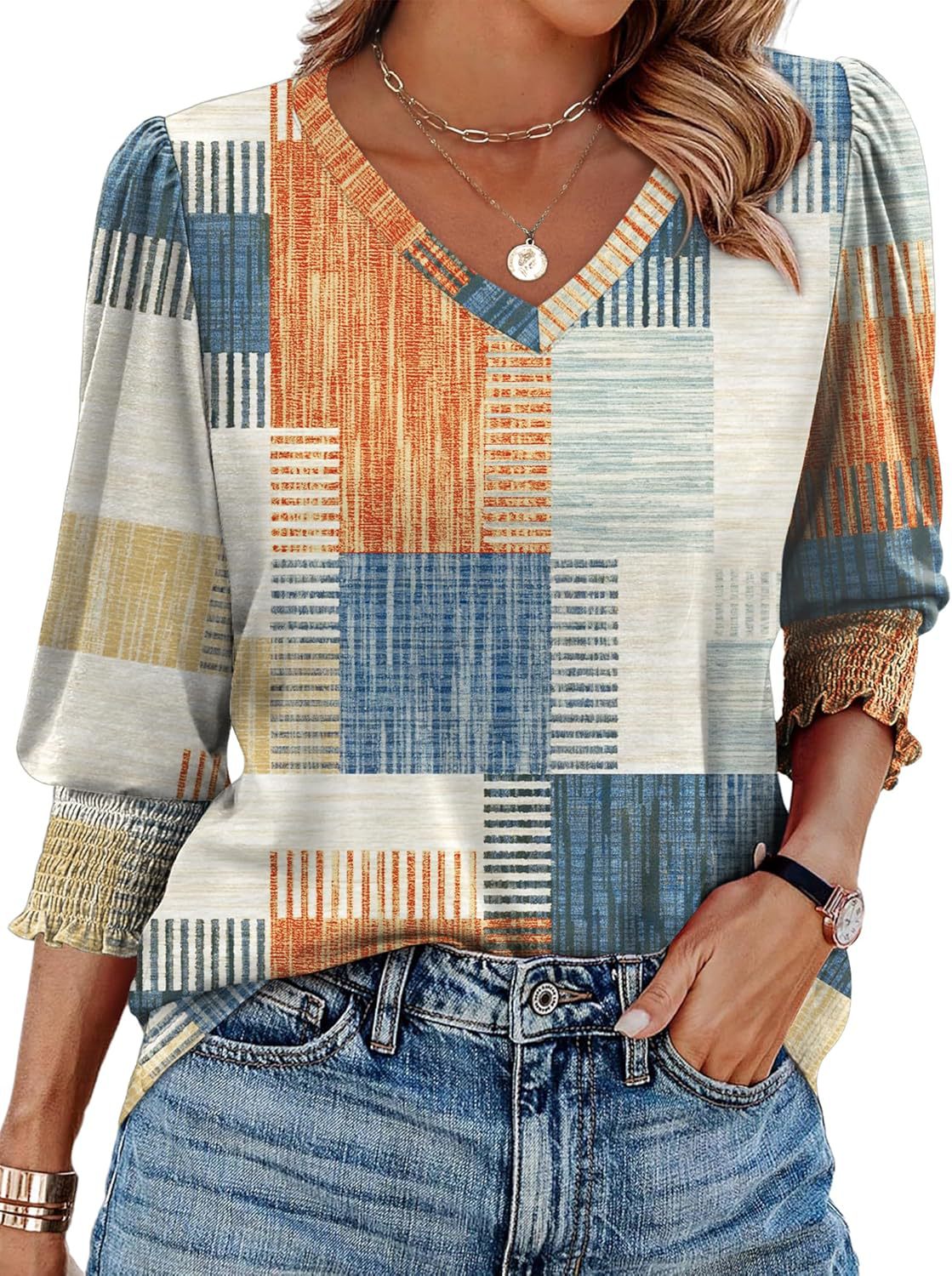 🌺Women Dressy Casual 3/4 Length Sleeve Blouses with Smocked Cuffs