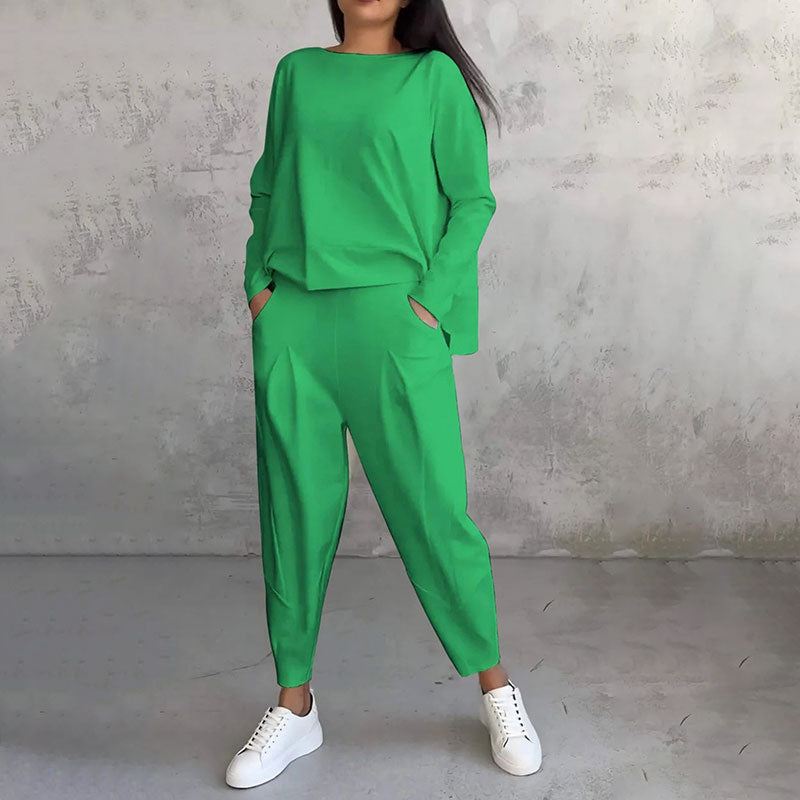 Round-Neck Long-Sleeved Top & Pants 2-Piece Set