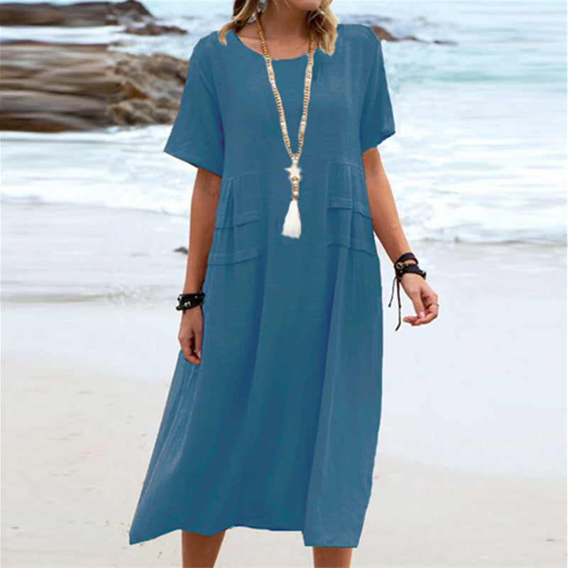 🔥Hot Sale 50% OFF💃Women's Round Neck Cotton Linen Midi Dress