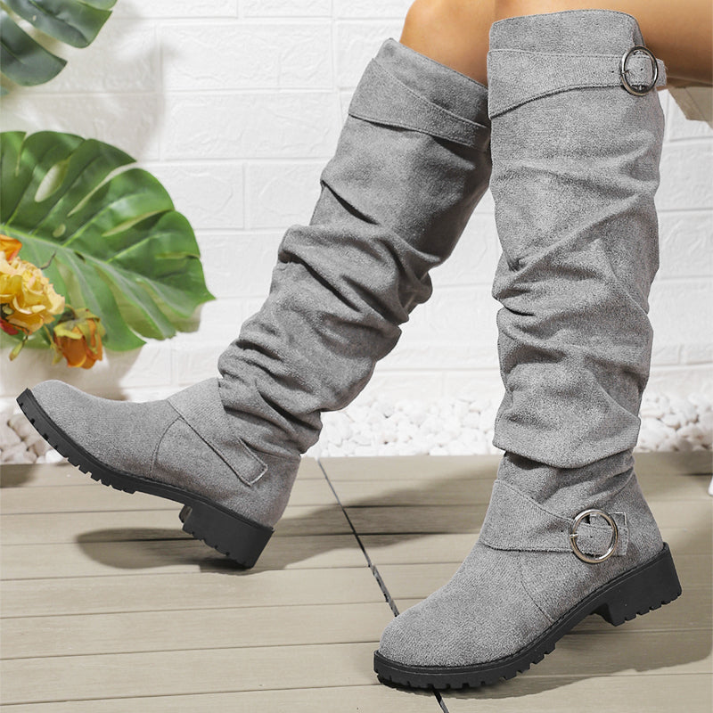 Women’s Wrinkled Knee-High Boots with Buckle Straps