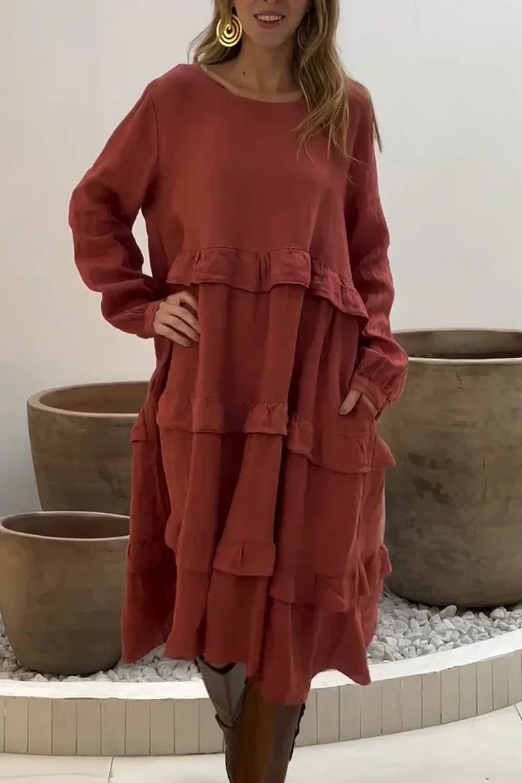 💖Vente limitée -50%💖Robes à volants et col rond à manches longues pour femmes