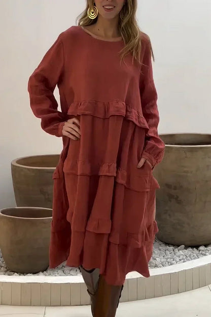 💖Vente limitée -50%💖Robes à volants et col rond à manches longues pour femmes