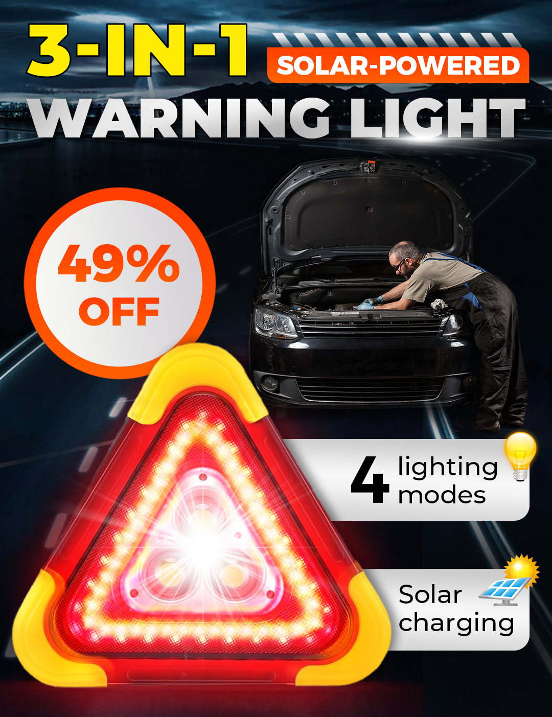3-IN-1 Solar Emergency Triangle Warning Light at the Roadside