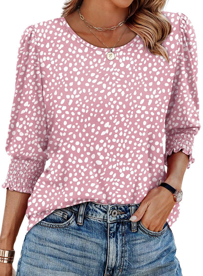 🌺Women Dressy Casual 3/4 Length Sleeve Blouses with Smocked Cuffs