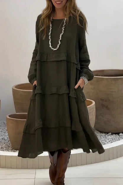 💖Vente limitée -50%💖Robes à volants et col rond à manches longues pour femmes