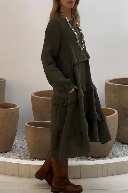 💖Vente limitée -50%💖Robes à volants et col rond à manches longues pour femmes