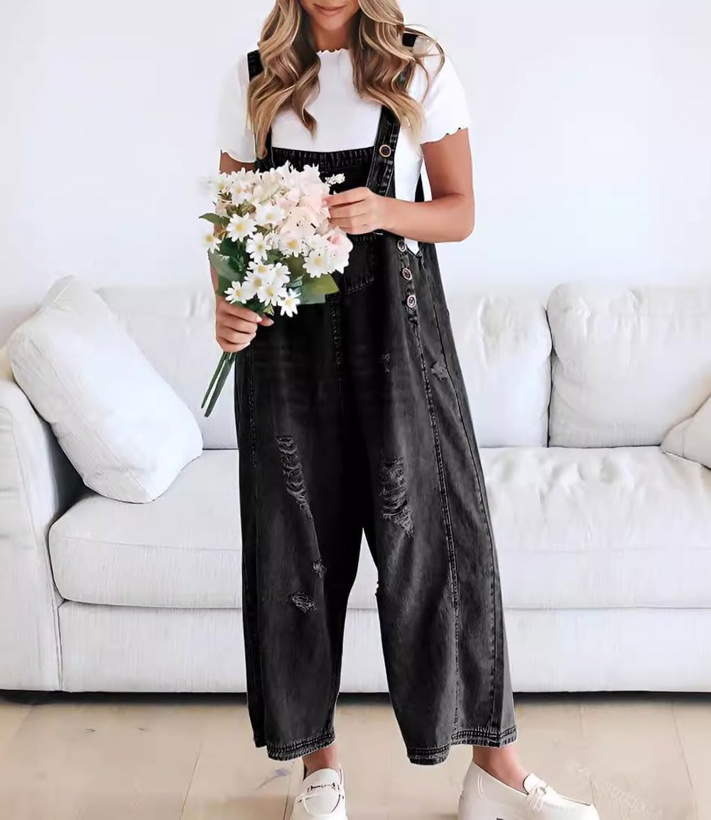 💖LAST DAY SALE 50% OFF💖Women's Cute Casual Button Jumpsuit Ripped Denim Overalls