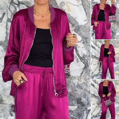 Women's Round Neck Satin Zipper Casual 2-Piece Suit
