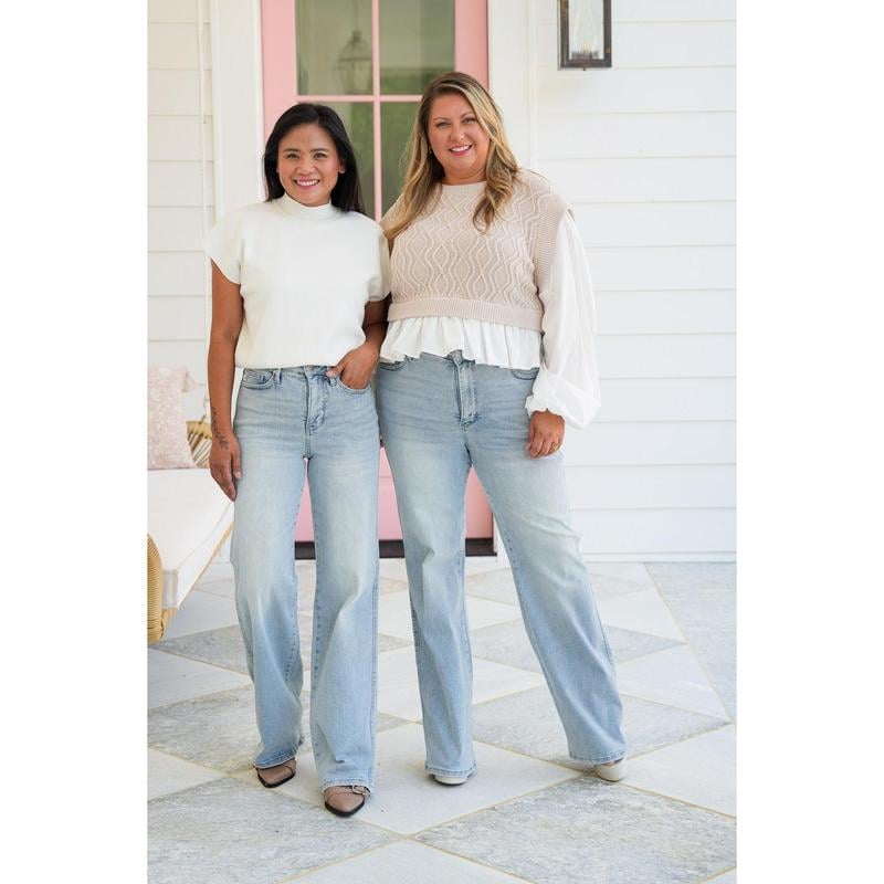 ⏰Hot Sales - 50% OFF👖High Rise Vintage Wash Tummy Control Top Straight Leg Jeans