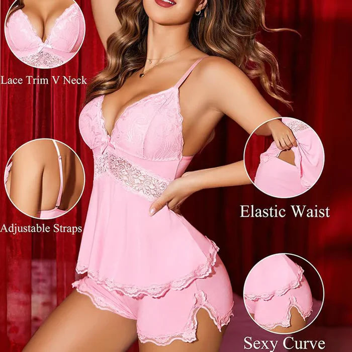 💜 LAST DAY PROMOTION - 50%OFF💜Womens Comfortable Wireless BraLace Trimmed V-Neck Camisole & Shorts Sleepwear Set