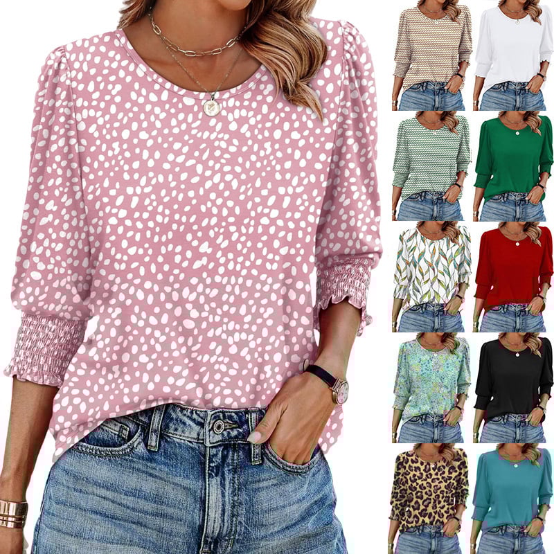 🌺Women Dressy Casual 3/4 Length Sleeve Blouses with Smocked Cuffs