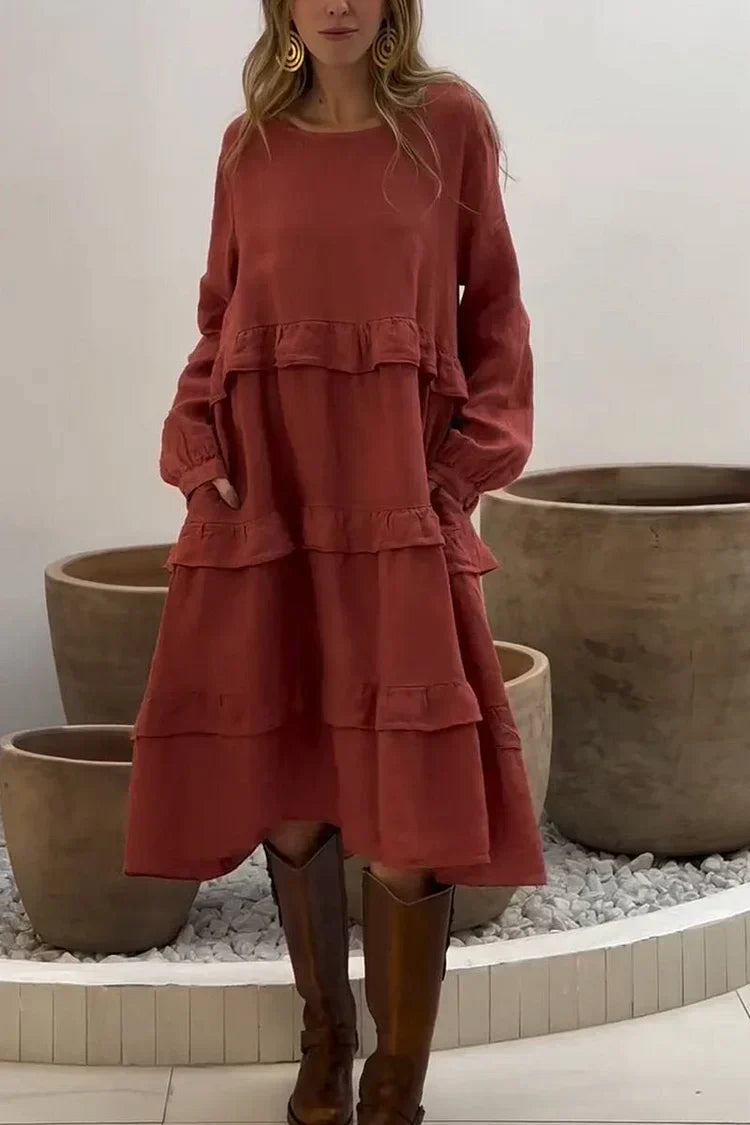 💖Vente limitée -50%💖Robes à volants et col rond à manches longues pour femmes