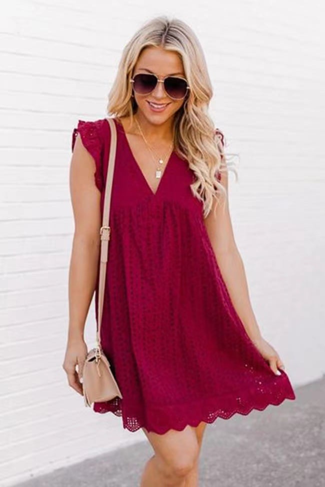Summer V-neck short-sleeved hollow lace dress👗