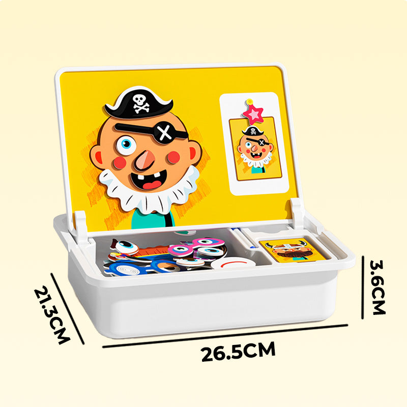 Magnetic puzzle box for children with game and drawing board