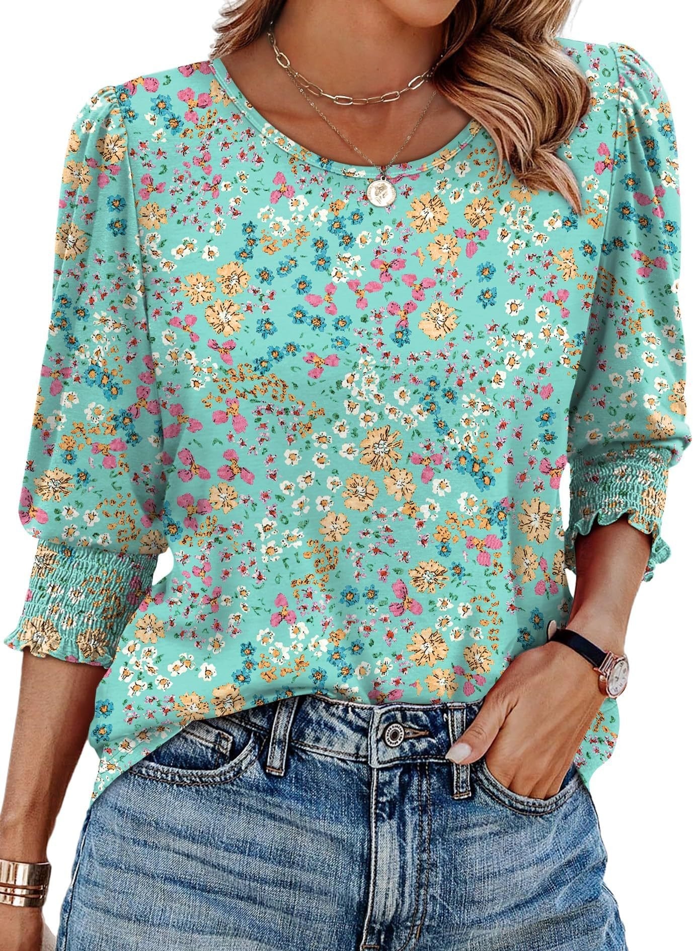 🌺Women Dressy Casual 3/4 Length Sleeve Blouses with Smocked Cuffs