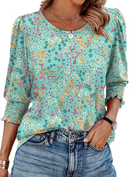 🌺Women Dressy Casual 3/4 Length Sleeve Blouses with Smocked Cuffs