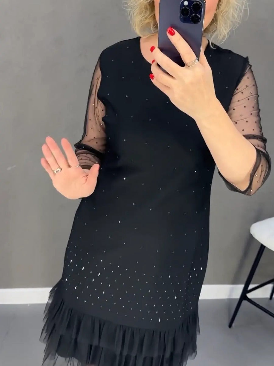 🔥Round neck dresses with plain rhinestones for women