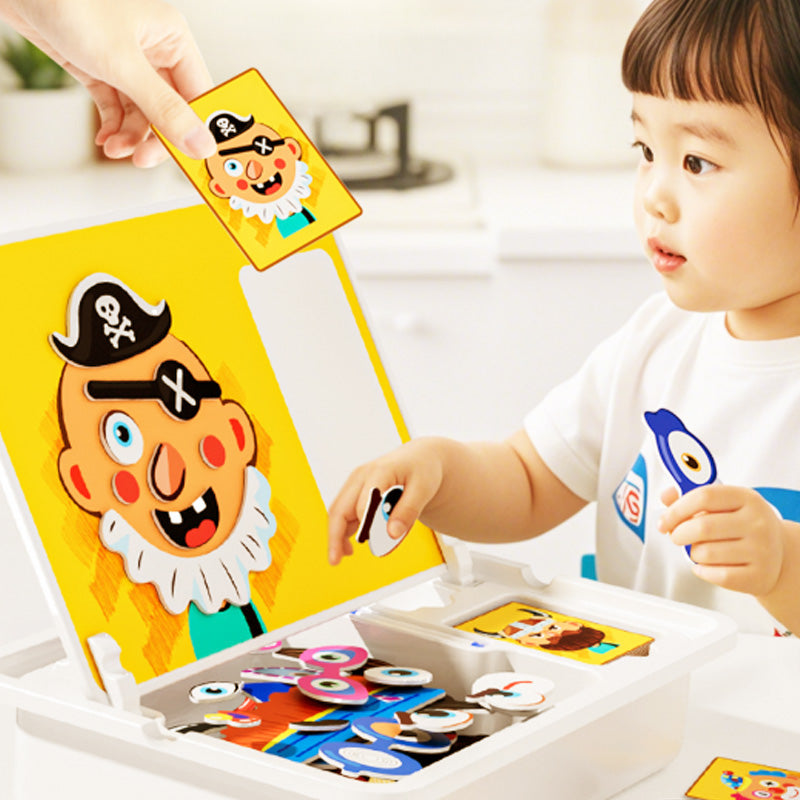 Magnetic puzzle box for children with game and drawing board