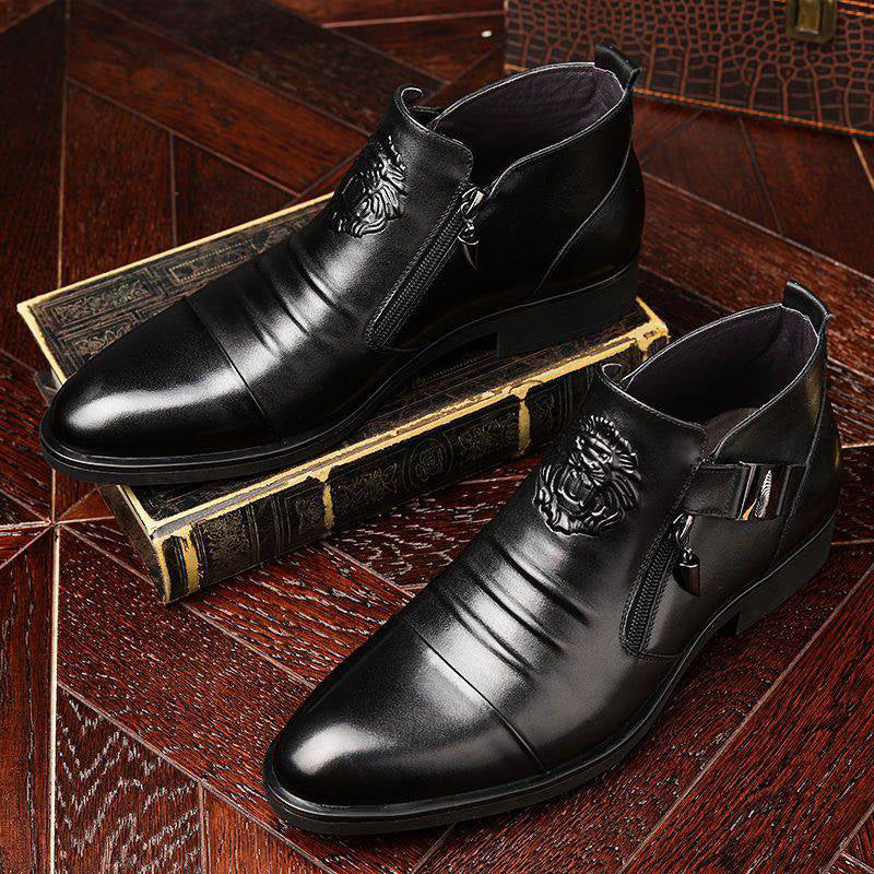 Men's Leather Ankle Boots with Double Side Zipper and Pointed Toe