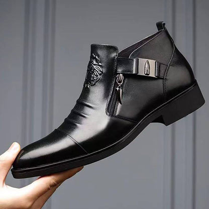 Men's Leather Ankle Boots with Double Side Zipper and Pointed Toe