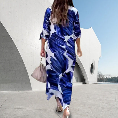 Floral Printed Long Sleeve Maxi Dress with Collar Flip