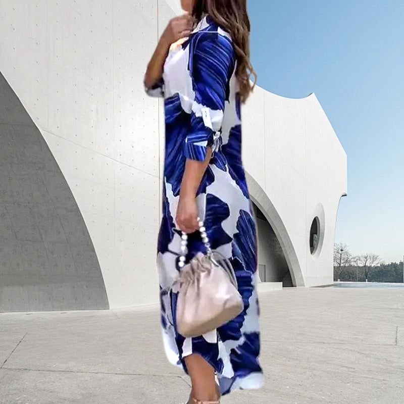 Floral Printed Long Sleeve Maxi Dress with Collar Flip