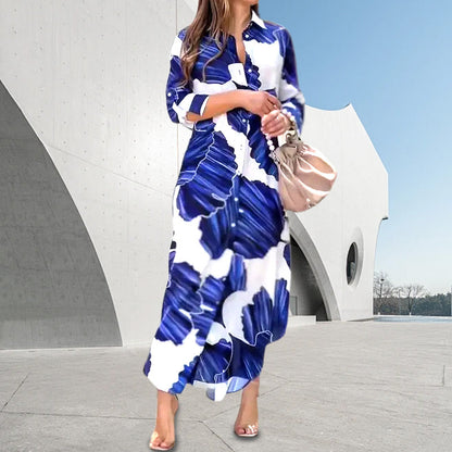 Floral Printed Long Sleeve Maxi Dress with Collar Flip