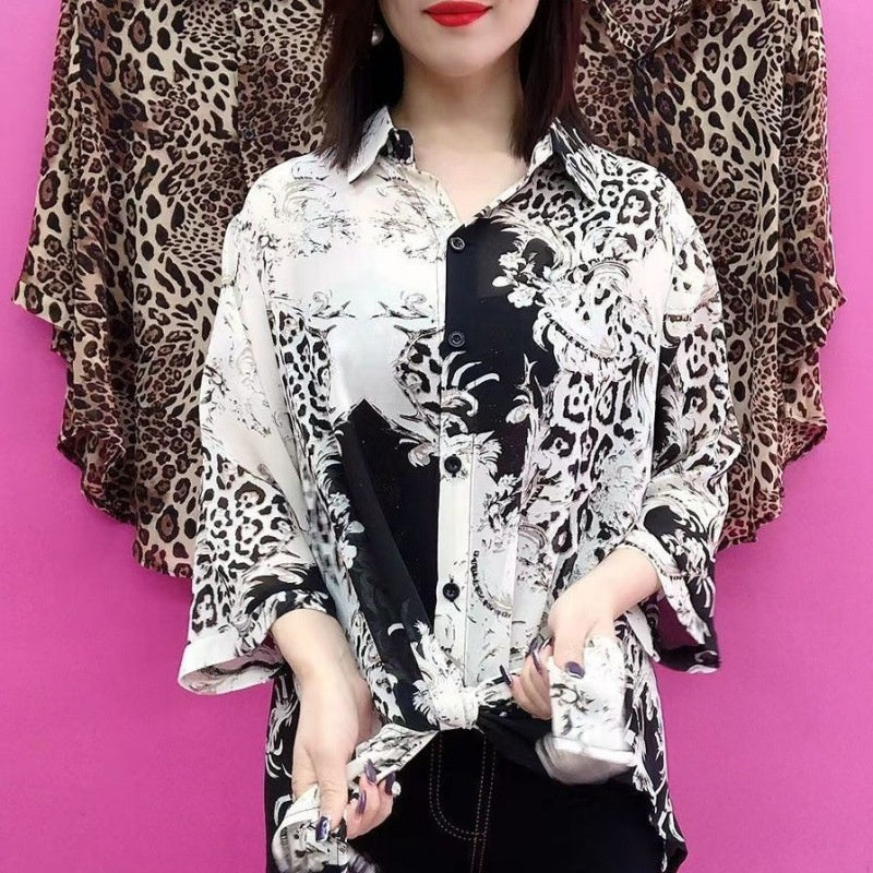 Women’s Printed Loose Thin Mid-Length Lapel Shirt