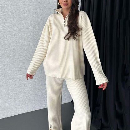 Women's Cozy Ribbed Knit Two-Piece Set with Slit-Leg Pants