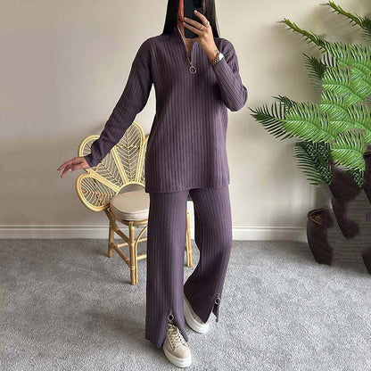 Women's Cozy Ribbed Knit Two-Piece Set with Slit-Leg Pants