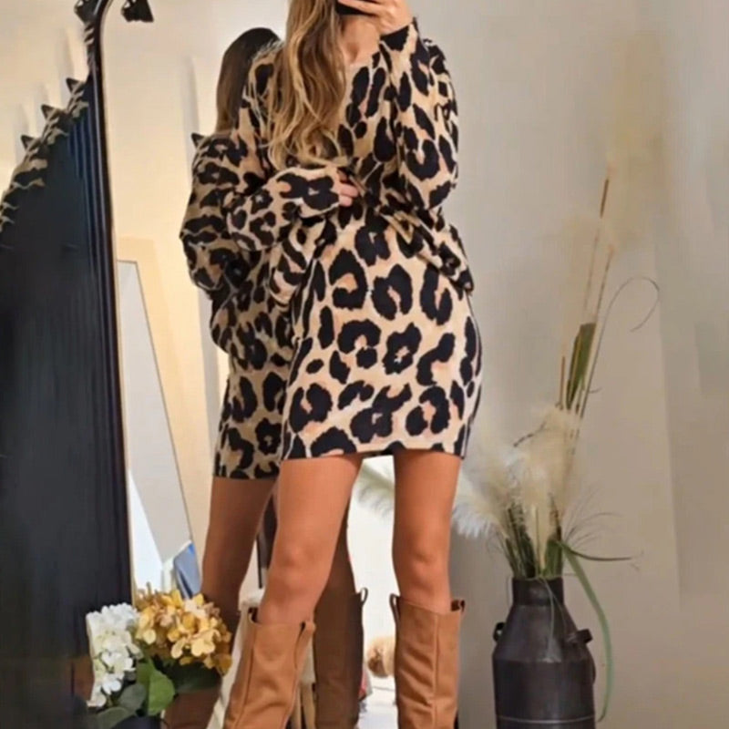 🔥2025 Latest 50%🔥 Round Neck Leopard Print Elegant Mini Dresses