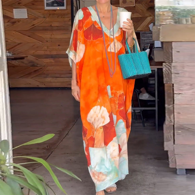 🎁Hot Sale 49% OFF🌸Floral Print Loose Long Dress with Half Sleeves