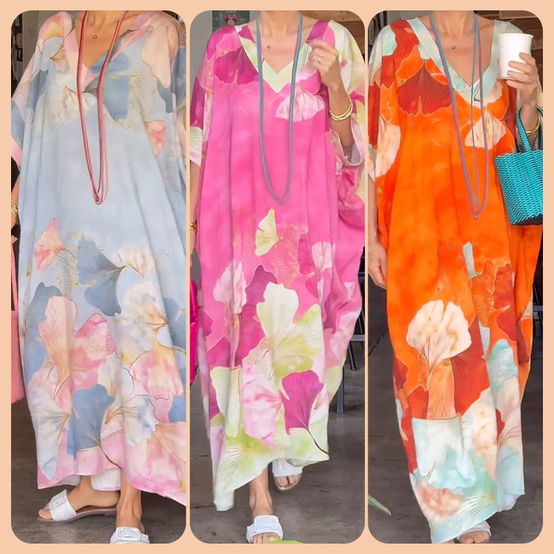 🎁Hot Sale 49% OFF🌸Floral Print Loose Long Dress with Half Sleeves