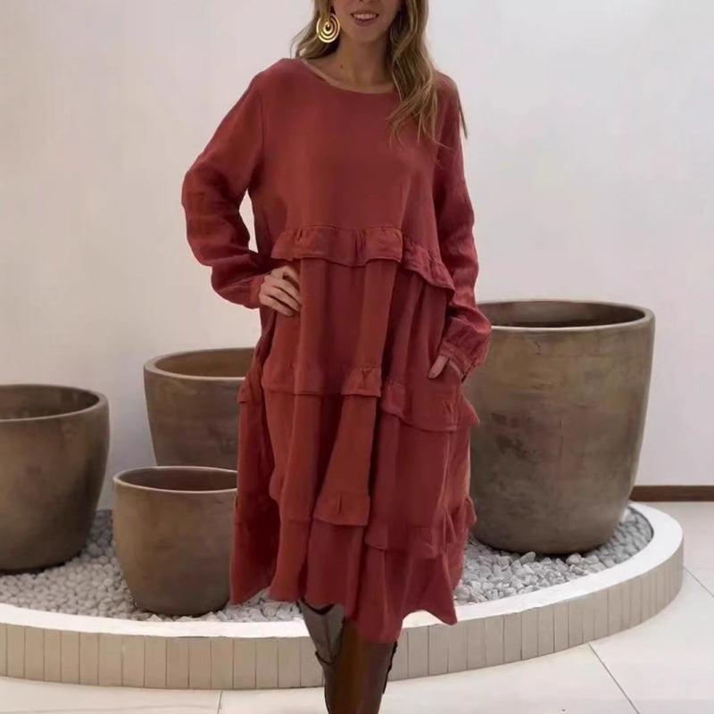 💖Vente limitée -50%💖Robes à volants et col rond à manches longues pour femmes
