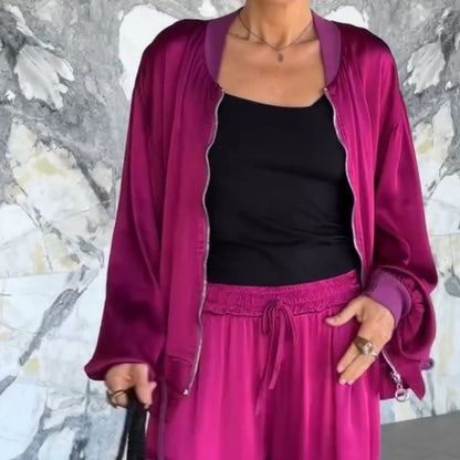 Coule rond à la fermeture à glissière en satin-zipper 2 pièces décontractée