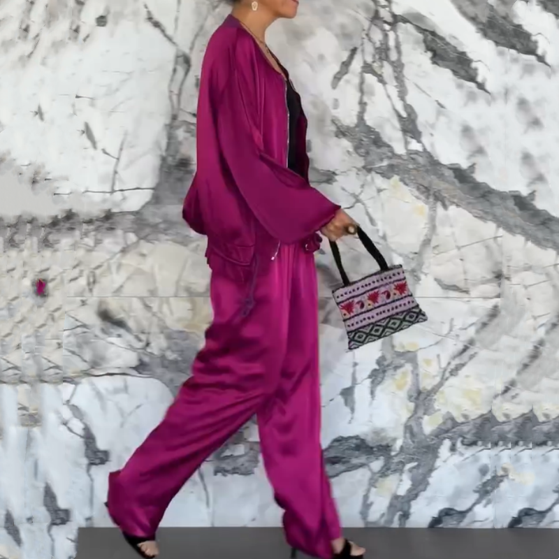 Coule rond à la fermeture à glissière en satin-zipper 2 pièces décontractée