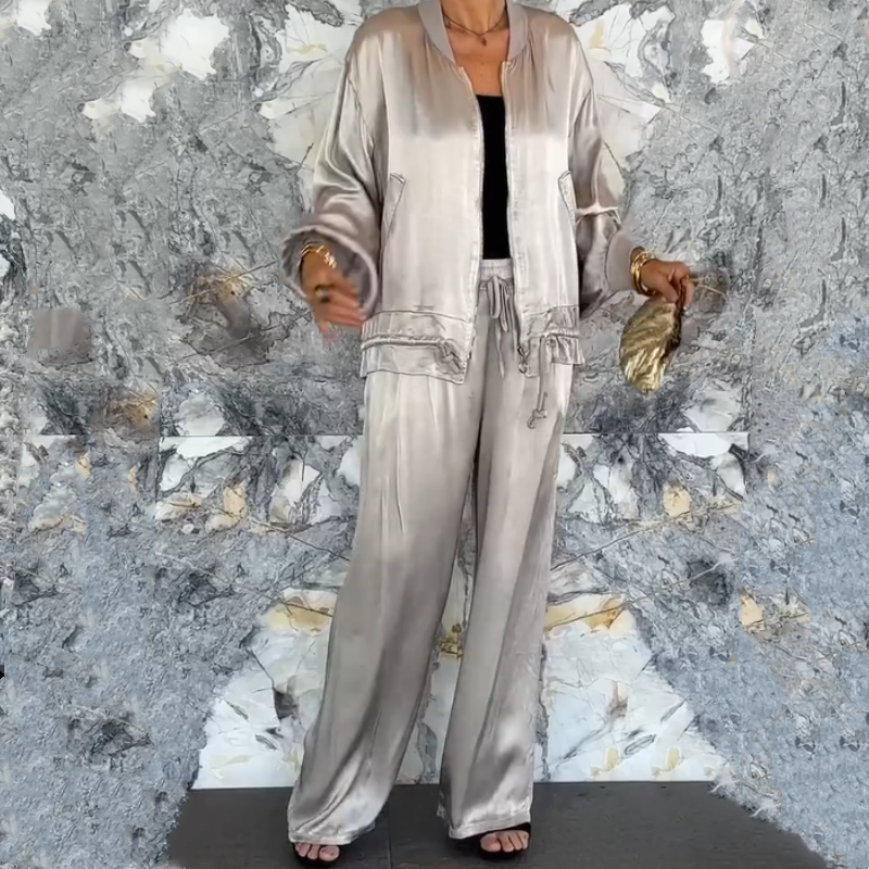 Coule rond à la fermeture à glissière en satin-zipper 2 pièces décontractée