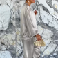 Women's Round Neck Satin Zipper Casual 2-Piece Suit