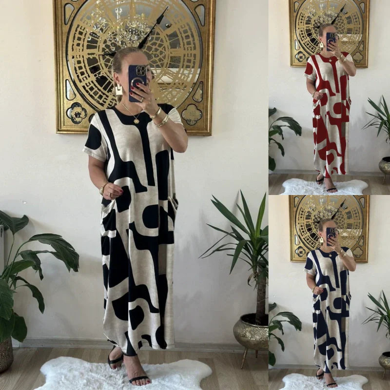 Robe en ligne à manches courtes à imprimé à imprimé à la mode pour femmes