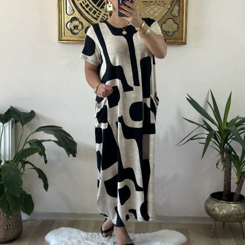 Robe en ligne à manches courtes à imprimé à imprimé à la mode pour femmes
