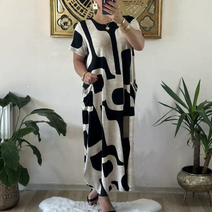 Robe en ligne à manches courtes à imprimé à imprimé à la mode pour femmes