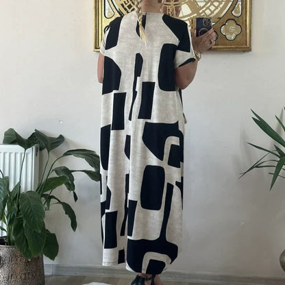 Robe en ligne à manches courtes à imprimé à imprimé à la mode pour femmes