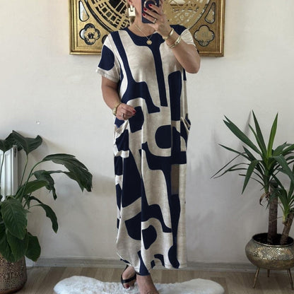 Robe en ligne à manches courtes à imprimé à imprimé à la mode pour femmes