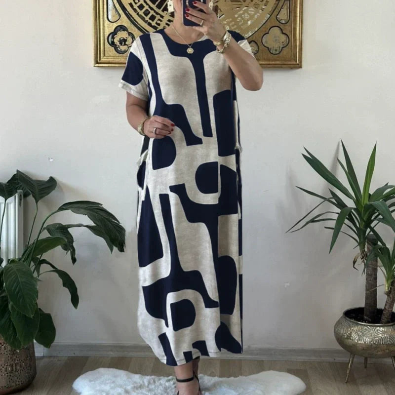 Robe en ligne à manches courtes à imprimé à imprimé à la mode pour femmes