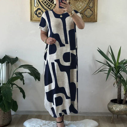 Robe en ligne à manches courtes à imprimé à imprimé à la mode pour femmes