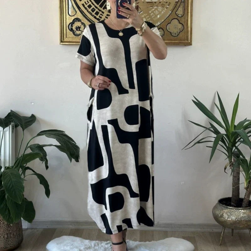 Robe en ligne à manches courtes à imprimé à imprimé à la mode pour femmes