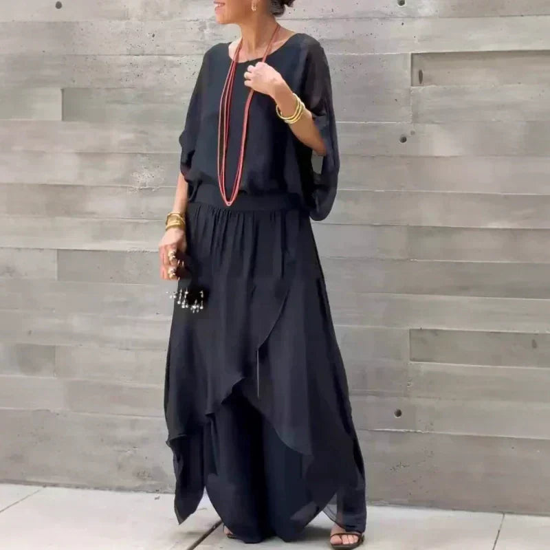 🌹Spring Promotion🌹Loose Top & Slit Wide-Leg Pants Chiffon 2-Piece Set