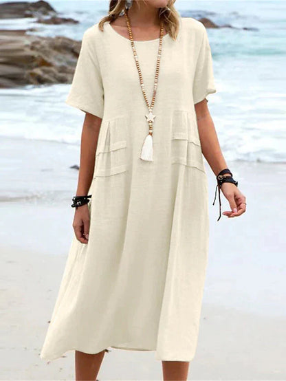 🔥Hot Sale 50% OFF💃Women's Round Neck Cotton Linen Midi Dress