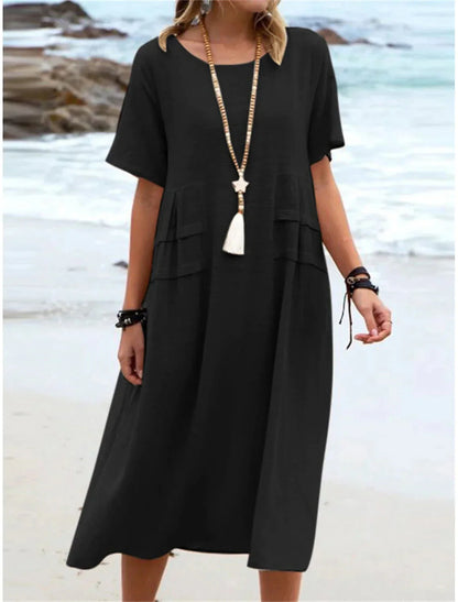 🔥Hot Sale 50% OFF💃Women's Round Neck Cotton Linen Midi Dress