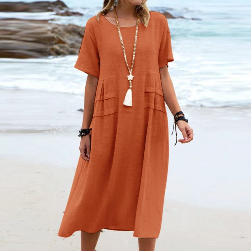 🔥Hot Sale 50% OFF💃Women's Round Neck Cotton Linen Midi Dress
